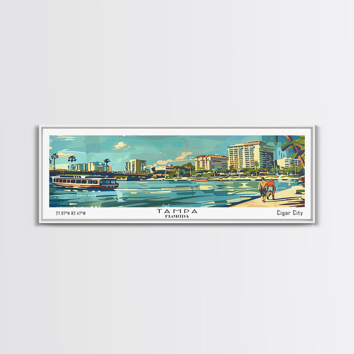 Tampa Florida Panoramic Painting, Mid Century Modern Framed Canvas Print, Retro Pop Art Travel Poster, Living Room and Office Decor