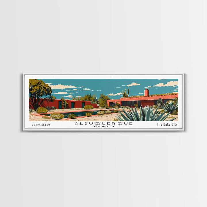 Albuquerque New Mexico Panoramic Painting, Mid Century Modern Framed Canvas Print, Retro Pop Art Travel Poster, Home Decor, City Print