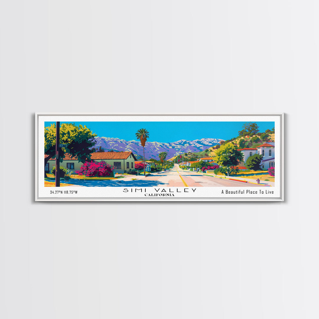 Simi Valley California Panoramic Painting, Mid Century Modern Framed Canvas Print, Retro Pop Art Travel Poster, Living Room Wall Art Decor