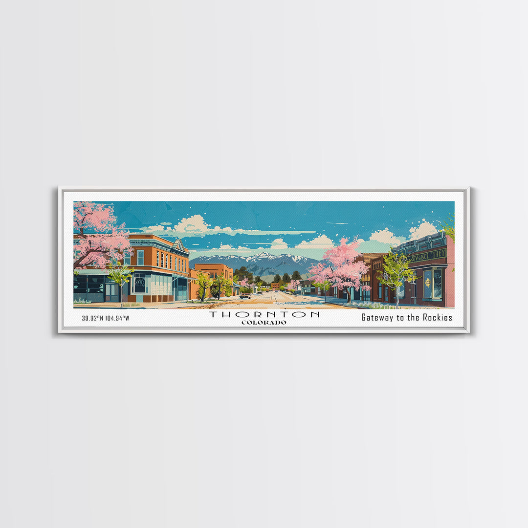 Thornton Colorado Panoramic Painting, Mid Century Modern Framed Canvas Print, Retro Pop Art Travel Poster, Living Room Wall Art Decor