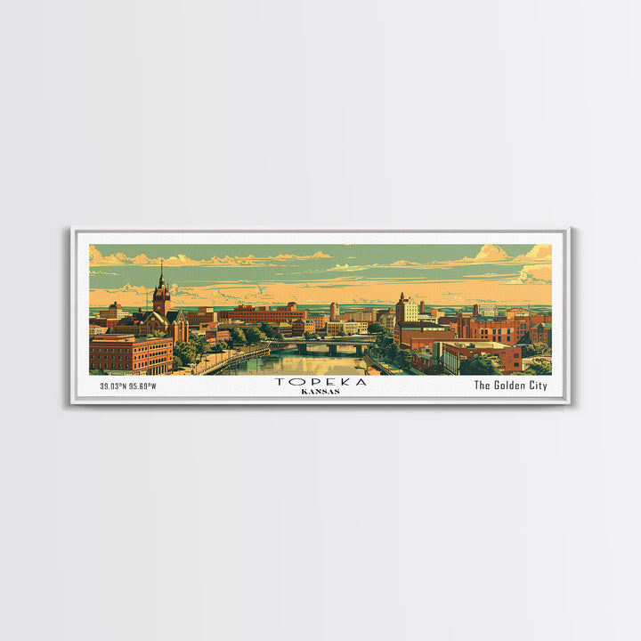 Topeka Kansas Panoramic Painting, Mid Century Modern Framed Canvas Print, Retro Pop Art Travel Poster, Home and Office Wall Art Decor