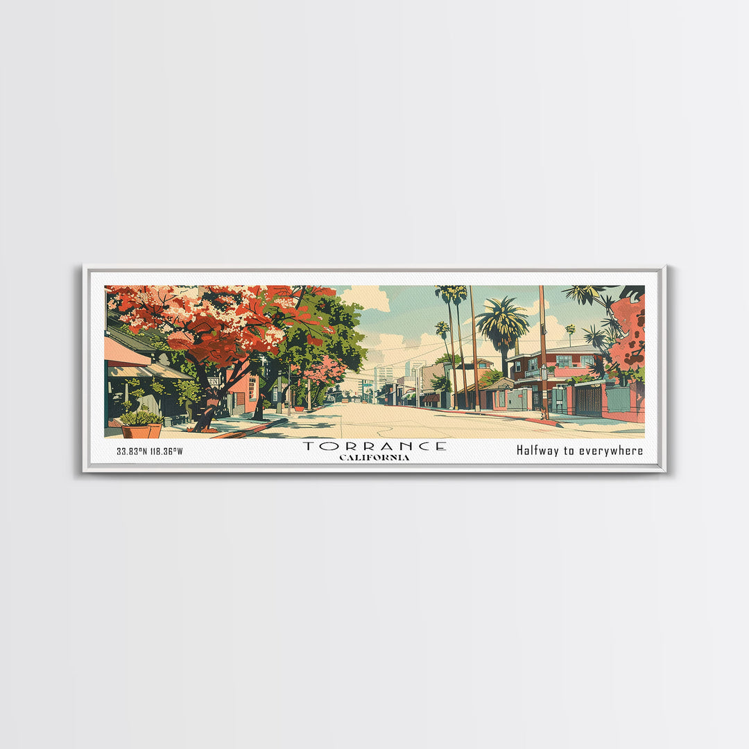 Torrance California Panoramic Painting, Mid Century Modern Framed Canvas Print, Retro Pop Art Travel Poster, Wall Hanging for Home Decor