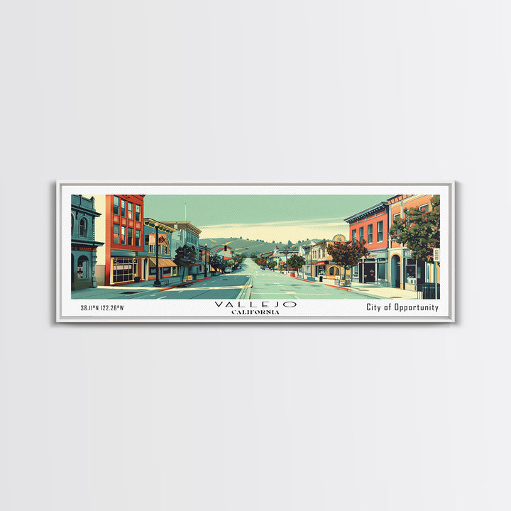 Vallejo California Panoramic Art, Mid Century Modern Framed Canvas Print, Retro Pop Art Travel Poster, City Print, Living Room Wall Decor