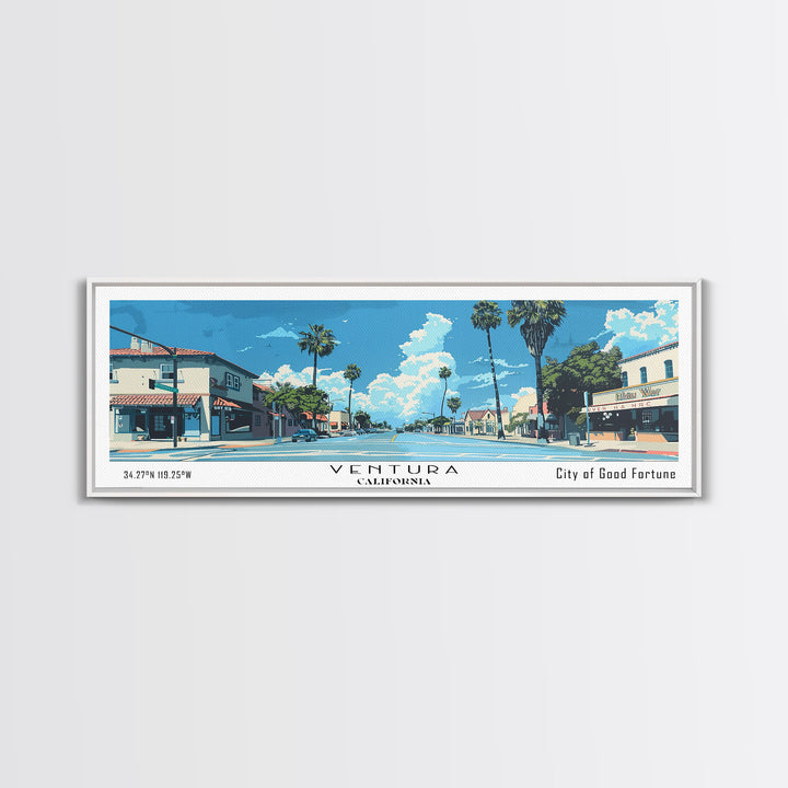 Ventura California Panoramic Painting, Mid Century Modern Framed Canvas Print, Retro Pop Art Travel Poster, City Print, Office Wall Art