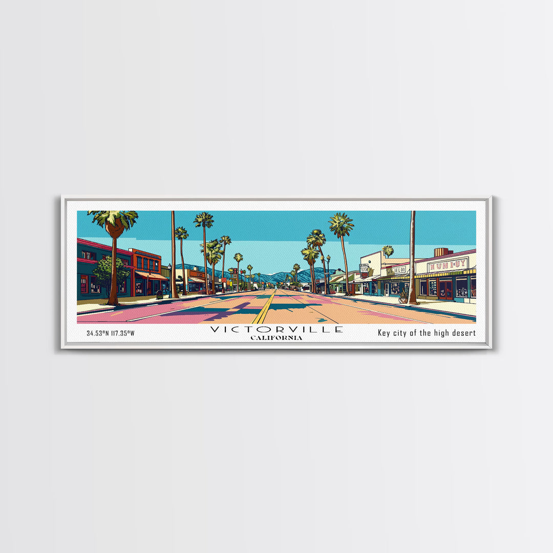 Victorville California Panoramic Art, Mid Century Modern Framed Canvas Print, Retro Pop Art Travel Poster, City Print, Living Room Decor