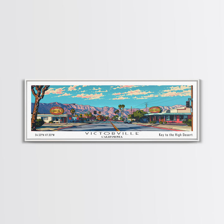 Victorville California Panoramic Wall Art, Mid Century Modern Framed Canvas Print, Retro Pop Art Travel Poster, City Art, Home Decoration