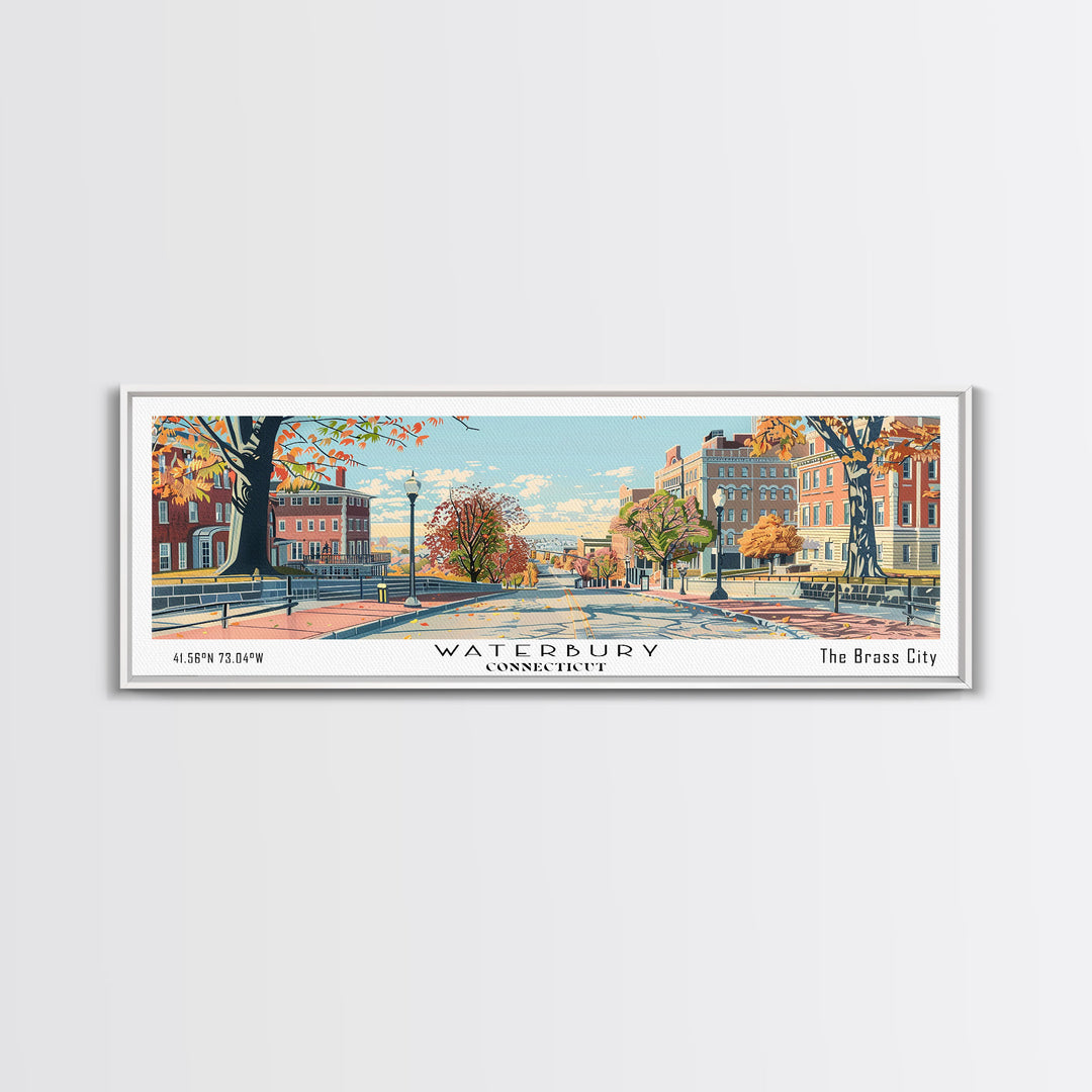 Waterbury Connecticut Panoramic Art, Mid Century Modern Framed Canvas Print, Retro Pop Art Travel Poster, City Print, Living Room Wall Decor