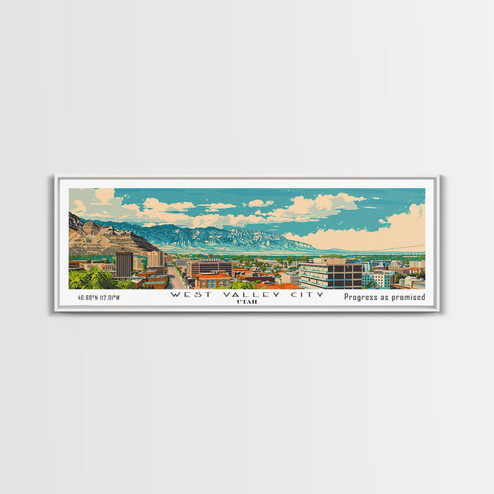 West Valley City Utah Panoramic Painting, Mid Century Modern Framed Canvas Print, Retro Pop Art Travel Poster, Office Wall Art, Home Decoration