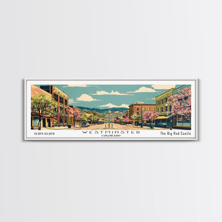 Westminster Colorado Panoramic Painting, Mid Century Modern Framed Canvas Print, Retro Pop Art Travel Poster, Office Wall Art, Home Decoration