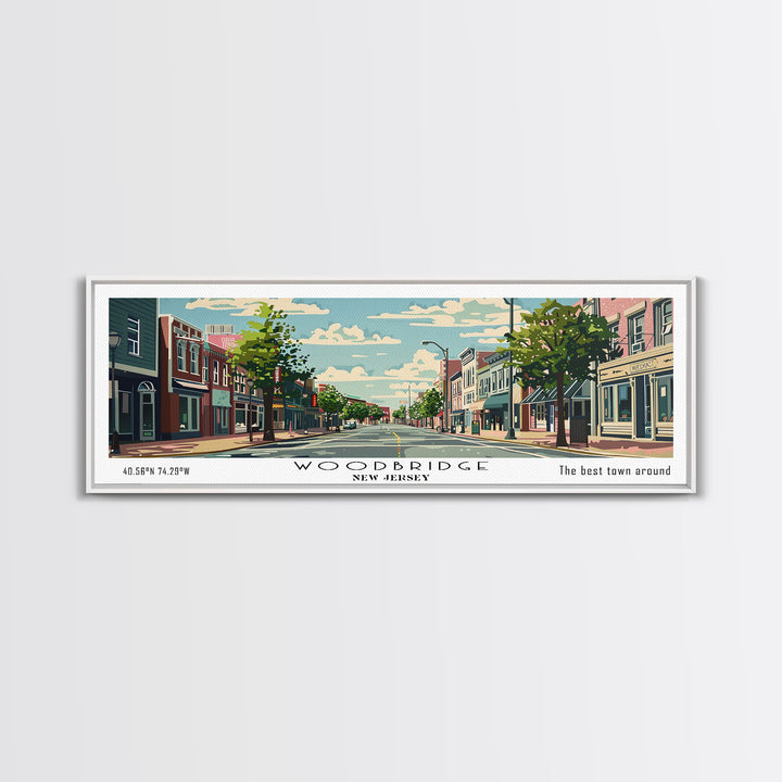 Woodbridge New Jersey Panoramic Painting, Mid Century Modern Framed Canvas Print, Retro Pop Art Travel Poster, Office Wall Art, Home Decoration