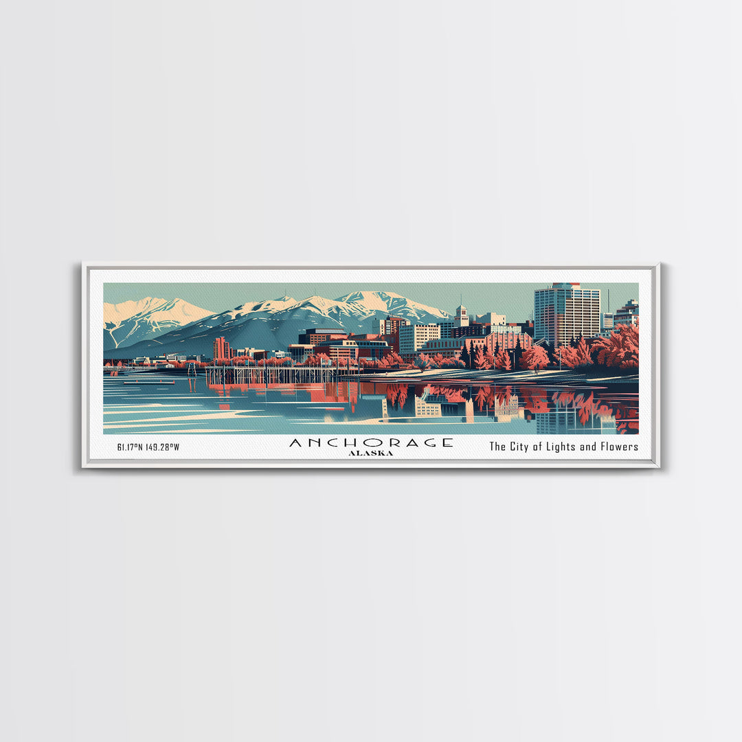 Anchorage Alabama Panoramic Painting, Framed Canvas Print, Mid Century Modern Wall Art, Retro Pop Art Travel Poster, Living Room Decor, City Art