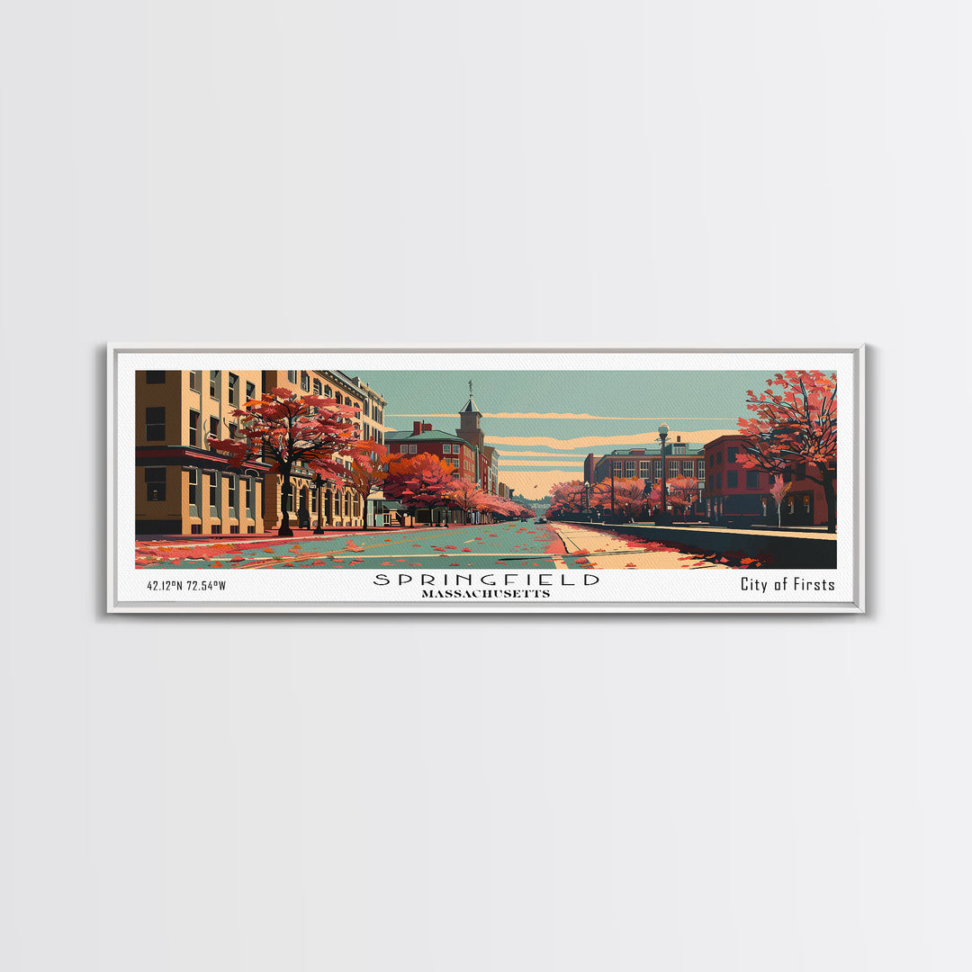 Springfield Massachusetts Panoramic Wall Art, Mid Century Modern Framed Canvas Print, Retro Pop Art Cityscape, Travel Poster, Living Room Decor