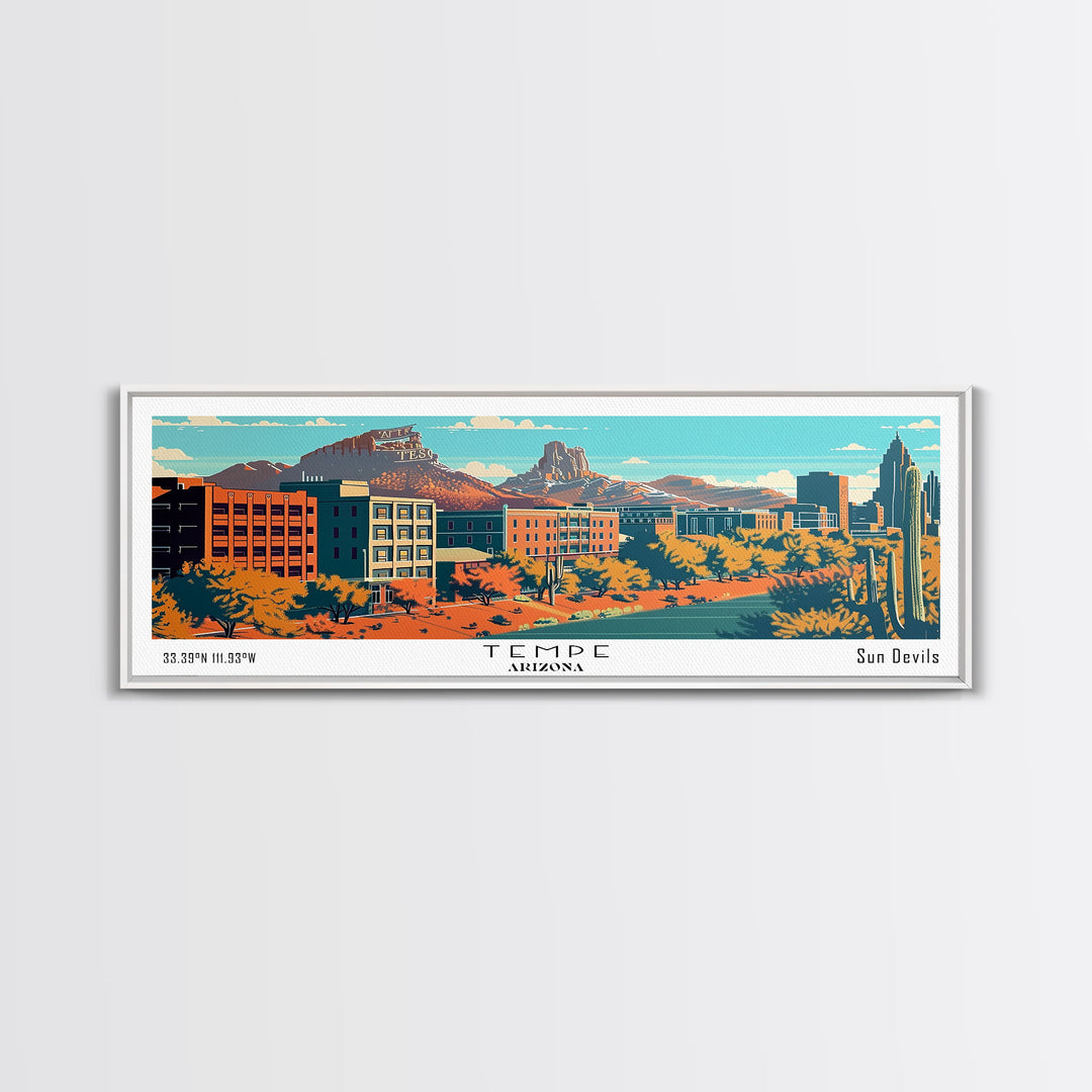 Tempe Arizona Panoramic Painting, Mid Century Modern Framed Canvas Print, Retro Pop Art Travel Poster, Cityscape, Home Decor, Office Wall Art