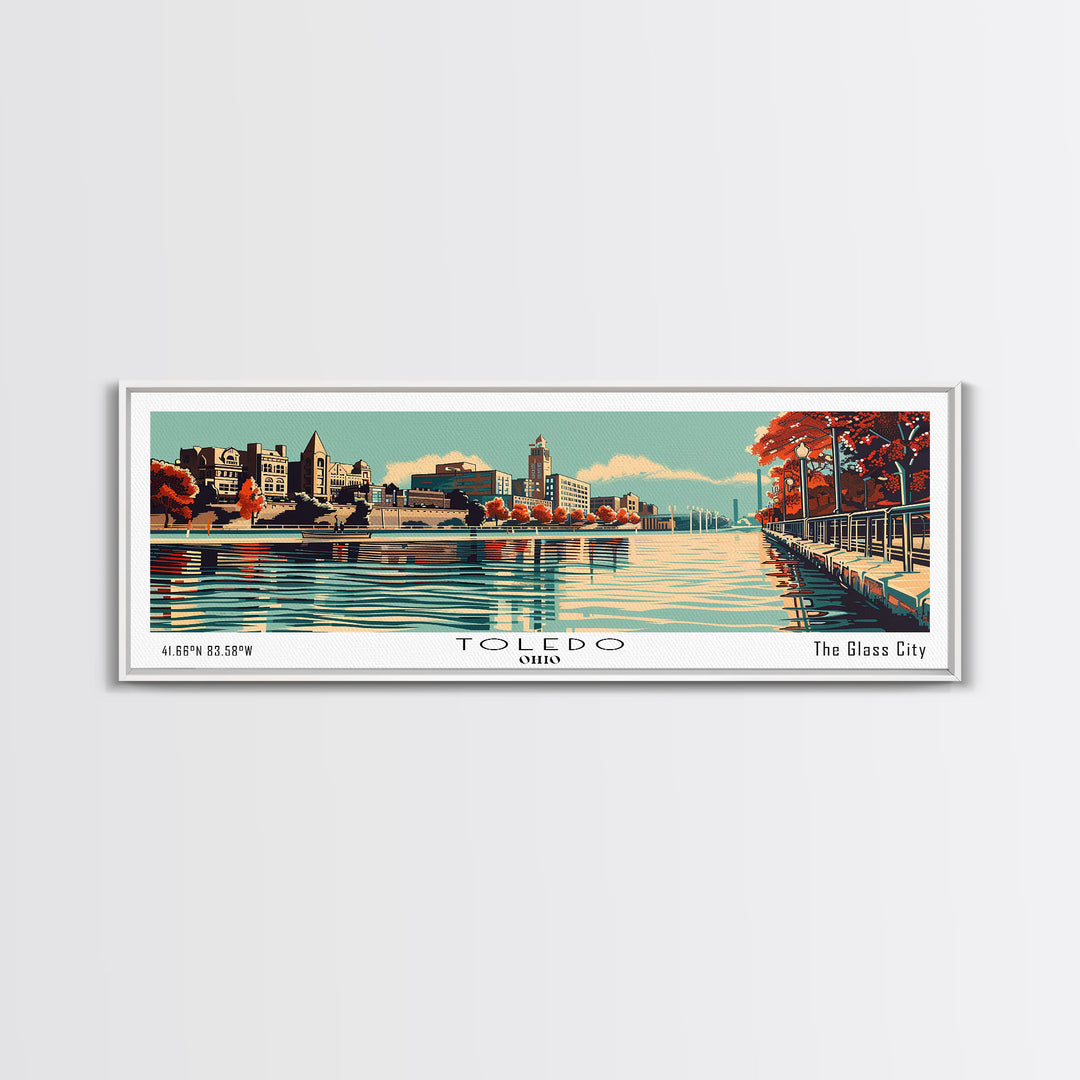 Toledo Ohio Panoramic Wall Art, Mid Century Modern Framed Canvas Print, Retro Pop Art Cityscape, Travel Poster, Living Room Decor