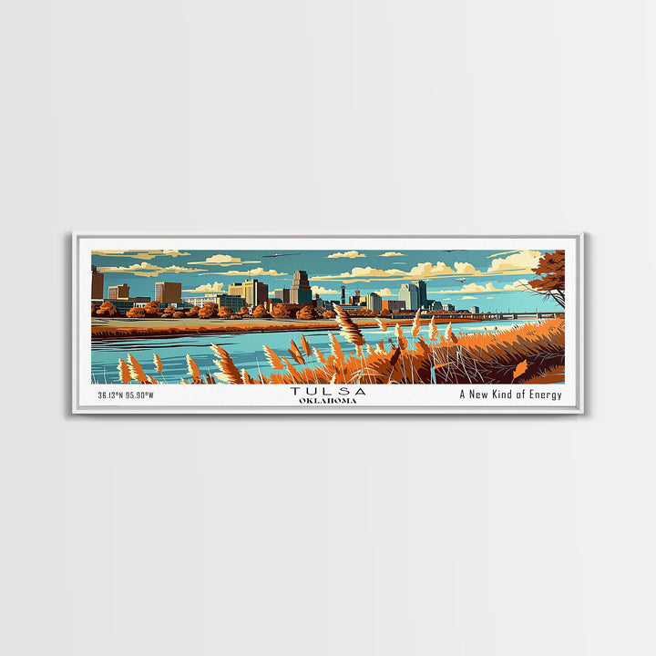 Tulsa Oklahoma Panoramic Wall Art, Mid Century Modern Framed Canvas Print, Retro Pop Art Travel Poster, Cityscape Decor, Office Wall Art