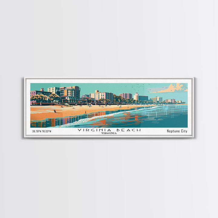 Virginia Beach Virginia Panoramic Wall Art, Mid Century Modern Framed Canvas Print, Retro Pop Art Travel Poster, Beach City Art, Home Office Decor