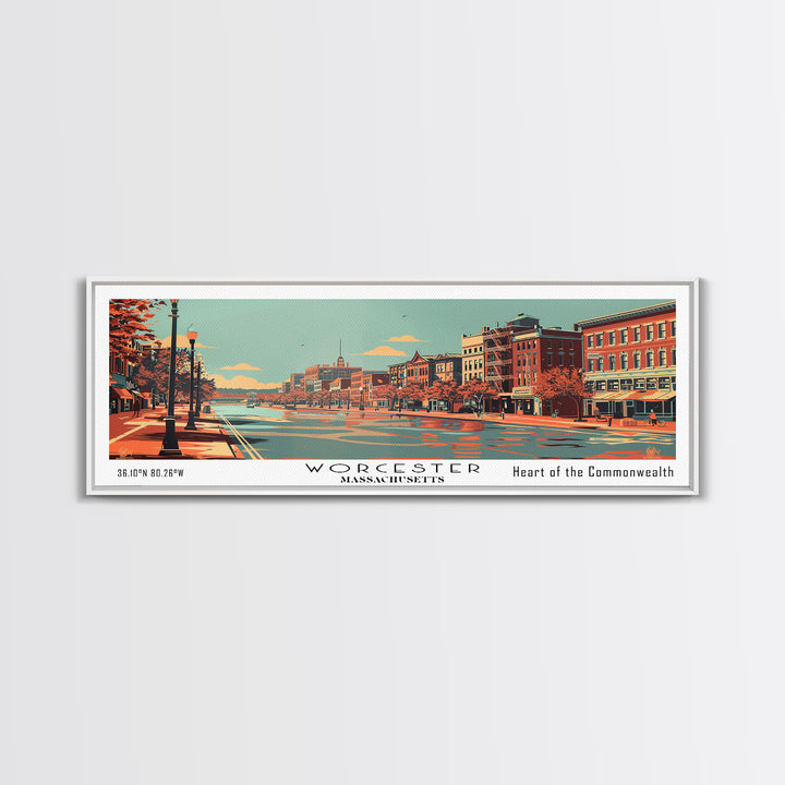 Worcester Massachusetts Panoramic Wall Art, Mid Century Modern Framed Canvas Print, Retro Pop Art Travel Poster, Cityscape Decor, Office Wall Art