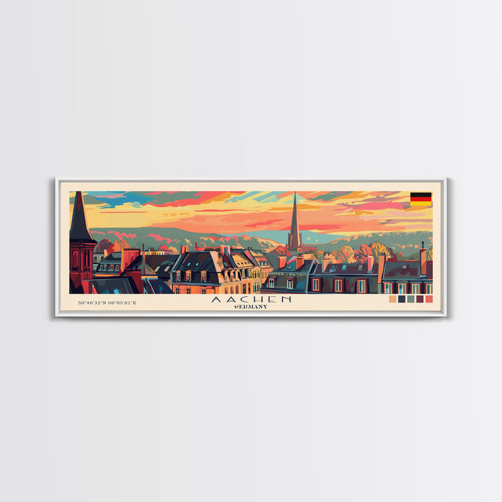 Aachen Germany  Panoramic Travel Poster, Framed Canvas Print or Metal Wall Art, Travel Art, Home Decor, Panoramic Painting, Midcentury Art