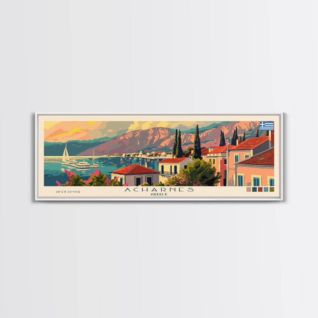 Acharnes Greece Travel Print Wall Art, Panoramic City Art, Travel Art, Wall Decor, Vacation Gift, Framed Canvas Print Or Metal Art