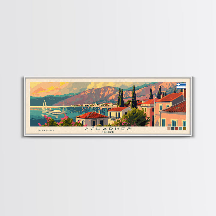 Acharnes Greece Travel Print Wall Art, Panoramic City Art, Travel Art, Wall Decor, Vacation Gift, Framed Canvas Print Or Metal Art