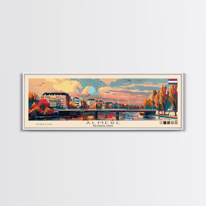 Almere Netherlands Panoramic Travel Poster, Framed Canvas Print or Metal Wall Art, Travel Art, Home Decor, Panoramic Painting, Midcentury Art