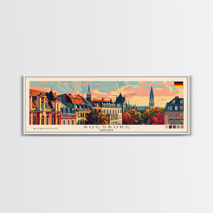 Augsburg Germany Panoramic Travel Poster, Framed Canvas Print or Metal Wall Art, Travel Art, Home Decor, Panoramic Painting, Midcentury Art