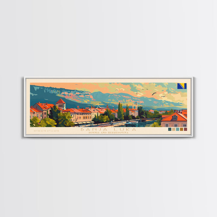 Banja Luka Bosnia Panoramic Travel Poster, Framed Canvas Print or Metal Wall Art, Travel Art, Home Decor, Panoramic Painting, Midcentury Art