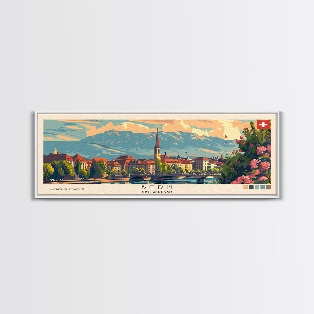 Bern Switzerland Travel Art, City Art, Framed Canvas Print or Metal Wall Art, Europe Travel Poster, Panoramic Wall Art, Extra Wide Wall Art