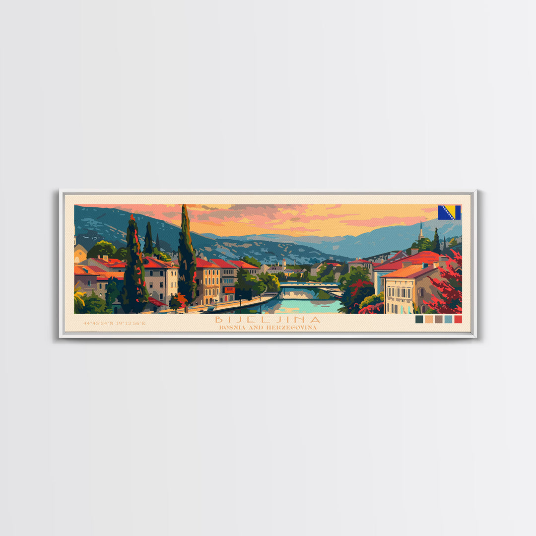 Bijeljina Bosnia Panoramic Travel Poster, Framed Canvas Print or Metal Wall Art, Travel Art, Home Decor, Panoramic Painting, Midcentury Art