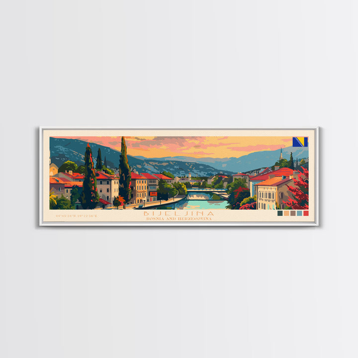 Bijeljina Bosnia Panoramic Travel Poster, Framed Canvas Print or Metal Wall Art, Travel Art, Home Decor, Panoramic Painting, Midcentury Art