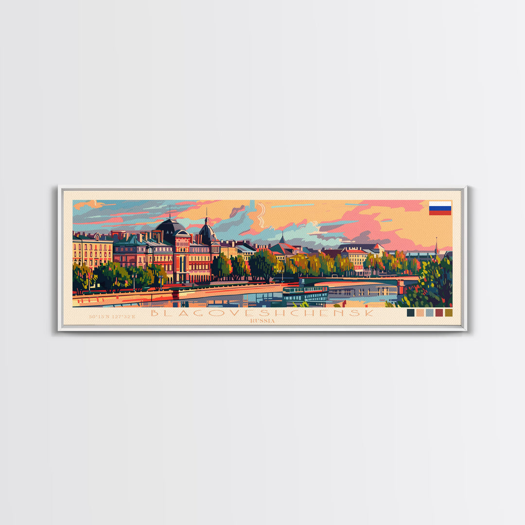 Blagoveshchensk Russia Travel Art, City Art, Framed Canvas Print or Metal Wall Art, Europe Travel Poster, Panoramic Wall Art, Extra Wide Wall Art