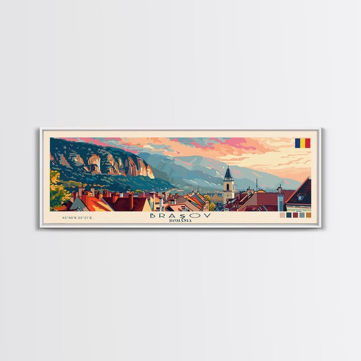 Brasov Romania Panoramic Travel Poster, Framed Canvas Print or Metal Wall Art, Travel Art, Home Decor, Panoramic Painting, Midcentury Art