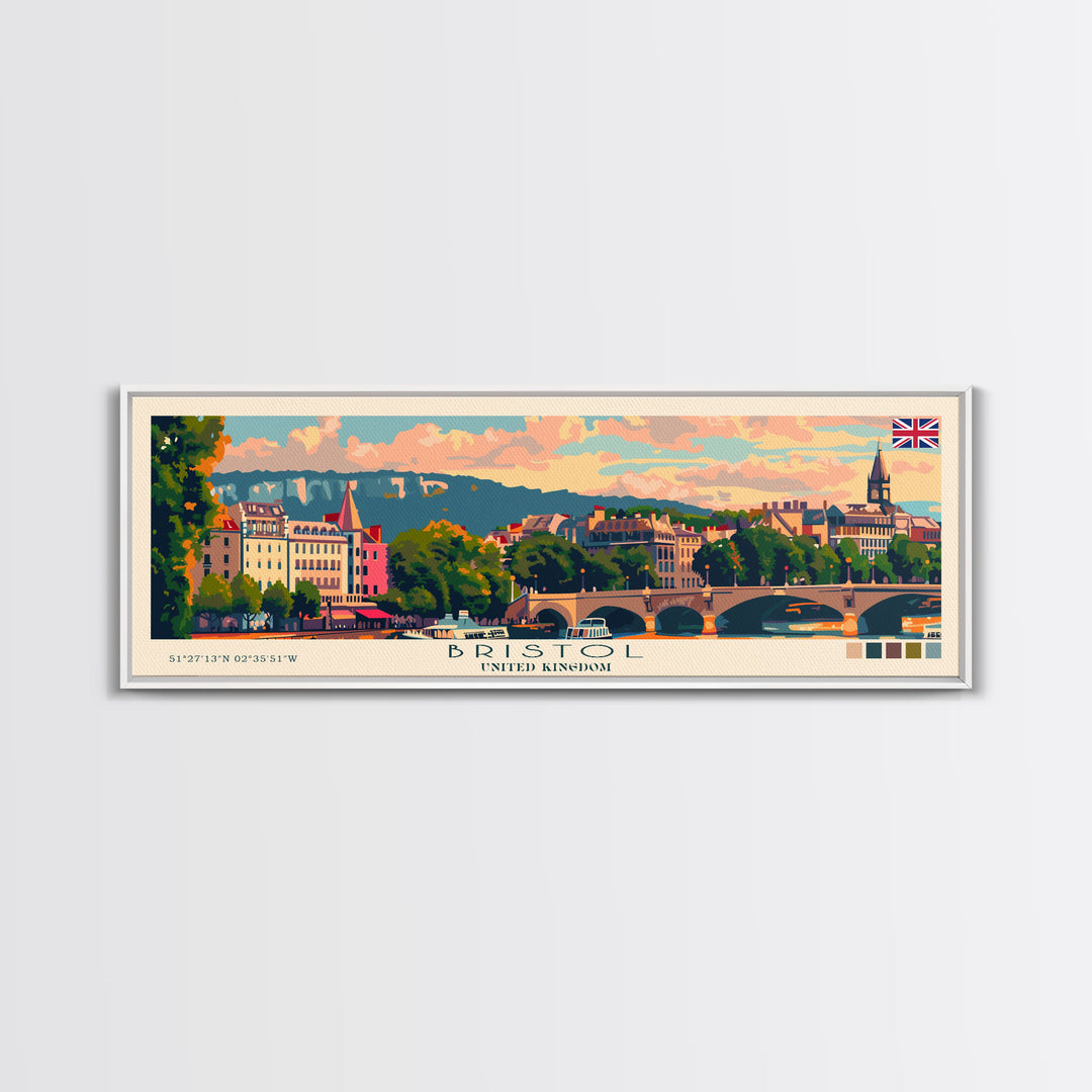 Bristol United Kingdom Panoramic Travel Poster, Framed Canvas Print or Metal Wall Art, Travel Art, Home Decor, Panoramic Painting, Midcentury Art