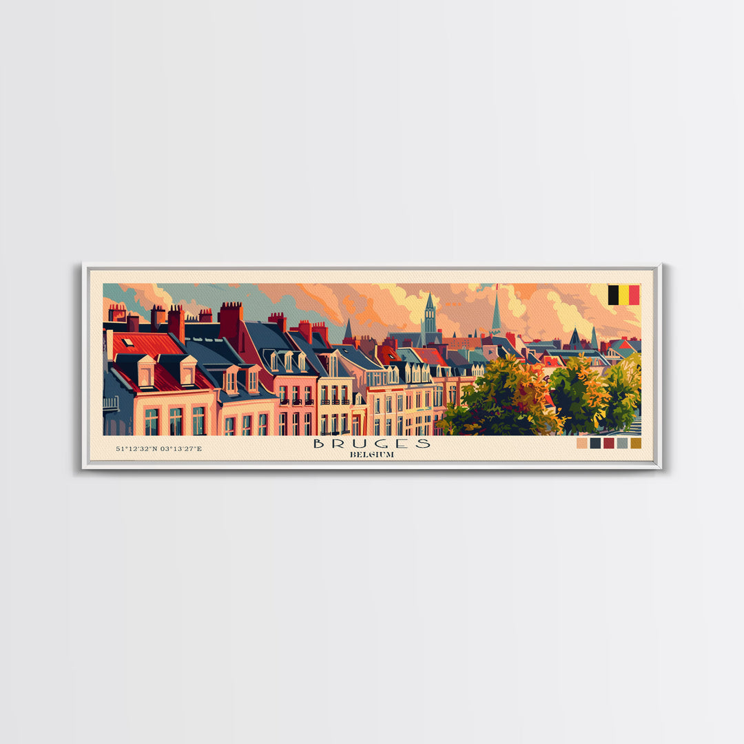 Bruges Belgium Travel Art, City Art, Framed Canvas Print or Metal Wall Art, Europe Travel Poster, Panoramic Wall Art, Extra Wide Wall Art