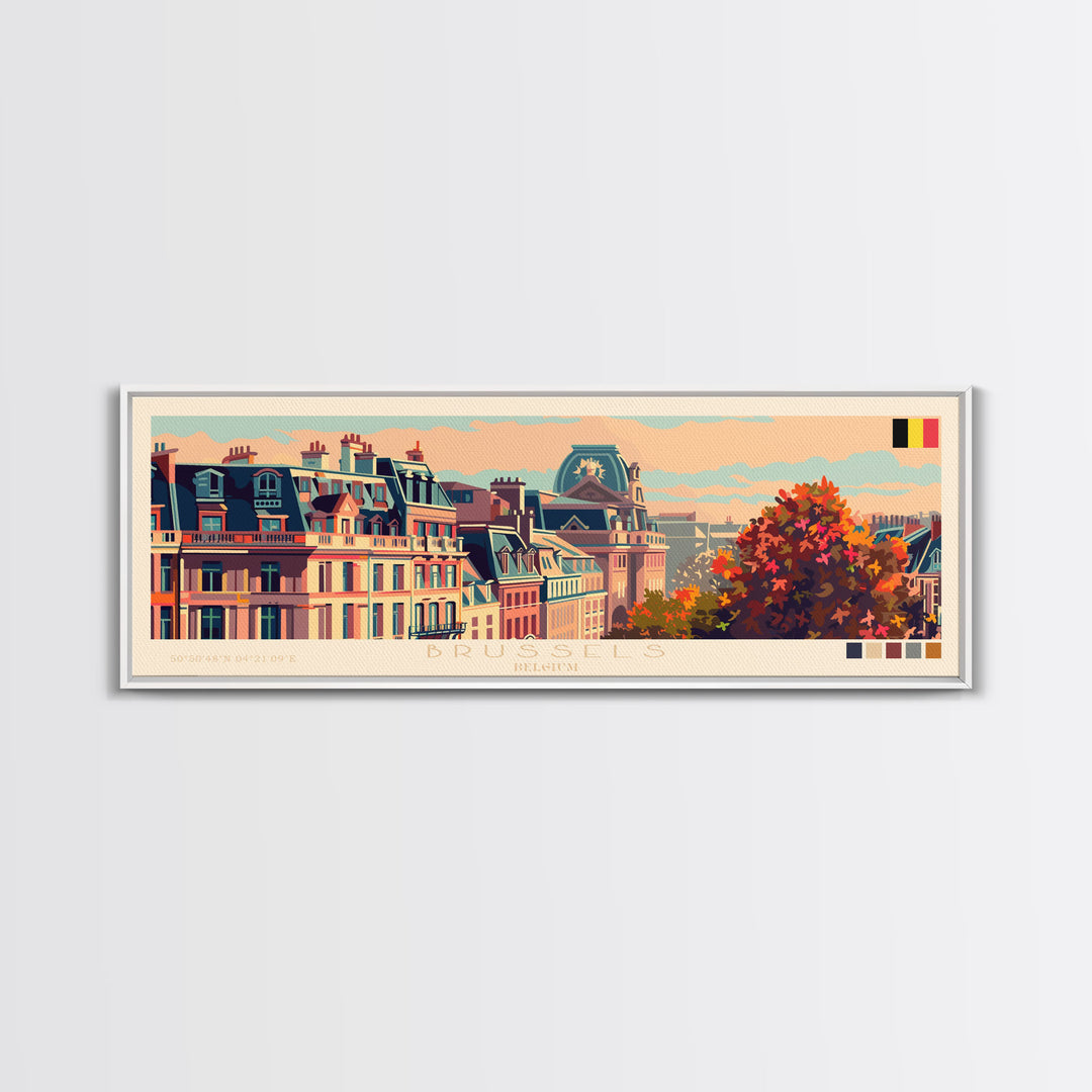 Brussels Belgium Panoramic Travel Poster, Framed Canvas Print or Metal Wall Art, Travel Art, Home Decor, Panoramic Painting, Midcentury Art