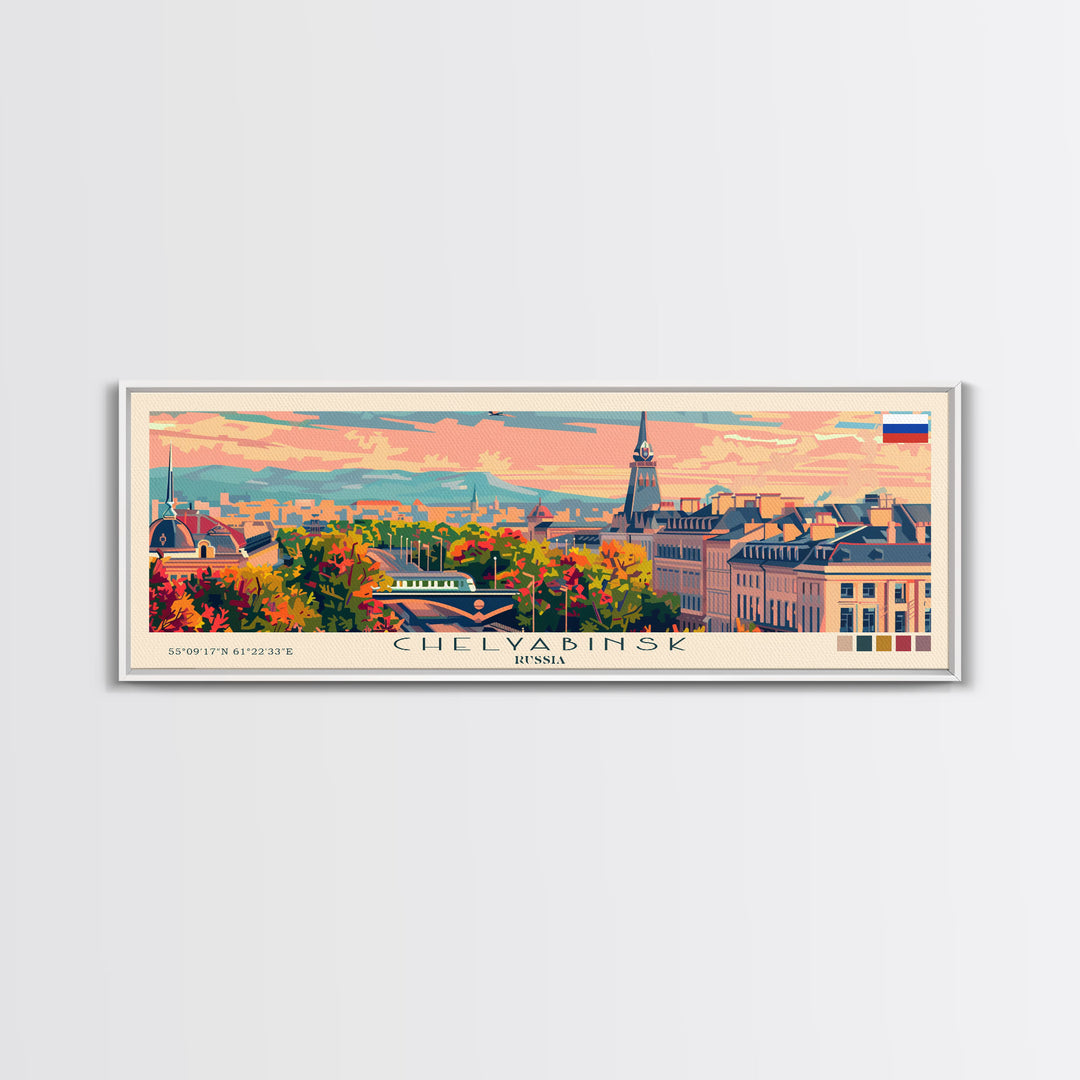 Chelyabinsk Russia Panoramic Travel Poster, Framed Canvas Print or Metal Wall Art, Travel Art, Home Decor, Panoramic Painting, Midcentury Art