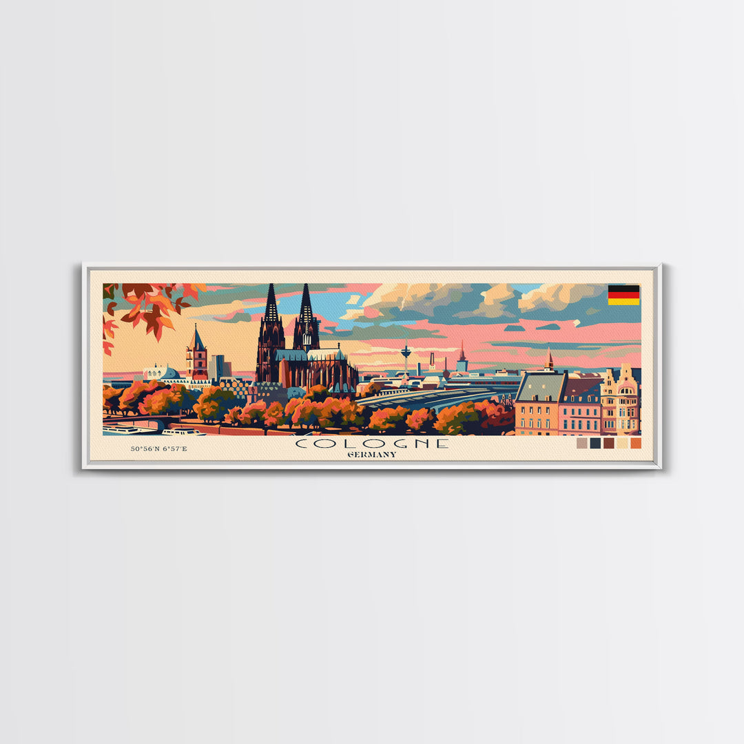 Cologne Germany Panoramic Travel Poster, Framed Canvas Print or Metal Wall Art, Travel Art, Home Decor, Panoramic Painting, Midcentury Art