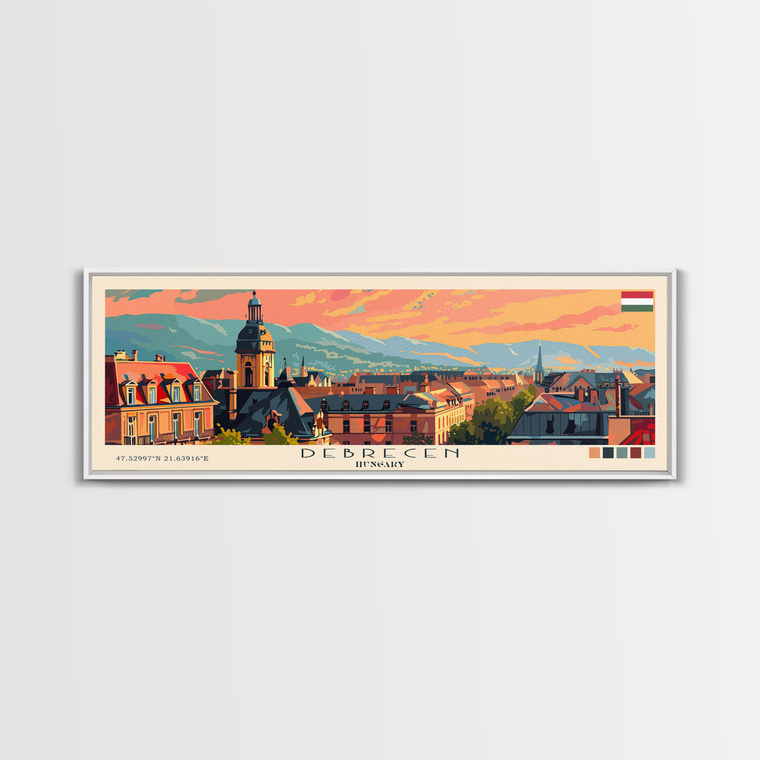 Debrecen Hungary Panoramic Travel Poster, Framed Canvas Print or Metal Wall Art, Travel Art, Home Decor, Panoramic Painting, Midcentury Art