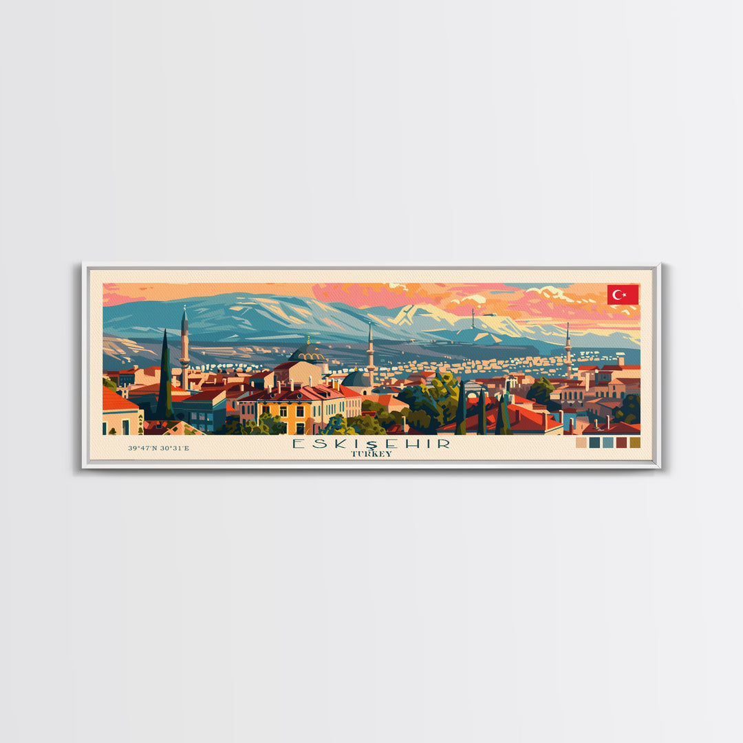 Eskisehir Turkey Panoramic Travel Poster, Framed Canvas Print or Metal Wall Art, Travel Art, Home Decor, Panoramic Painting, Midcentury Art