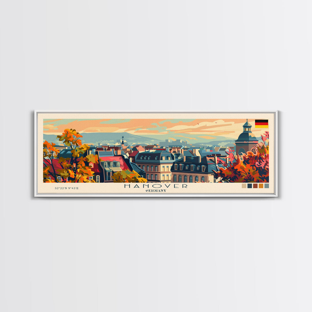 Hanover Germany Panoramic Travel Poster, Framed Canvas Print or Metal Wall Art, Travel Art, Home Decor, Panoramic Painting, Midcentury Art