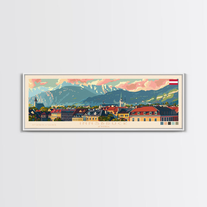 Innsbruck Austria Panoramic Travel Poster, Framed Canvas Print or Metal Wall Art, Travel Art, Home Decor, Panoramic Painting, Midcentury Art