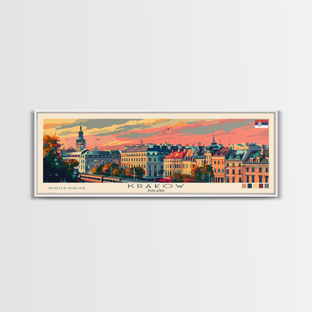 Krakow Poland Travel Art, City Art, Framed Canvas Print or Metal Wall Art, Europe Travel Poster, Panoramic Wall Art, Extra Wide Wall Art