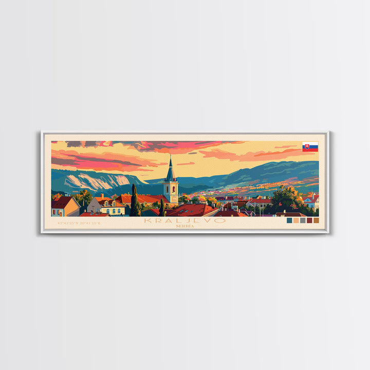 Kraljevo Serbia Panoramic Travel Poster, Framed Canvas Print or Metal Wall Art, Travel Art, Home Decor, Panoramic Painting, Midcentury Art