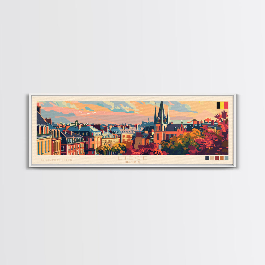 Liege Belgium Panoramic Travel Poster, Framed Canvas Print or Metal Wall Art, Travel Art, Home Decor, Panoramic Painting, Midcentury Art