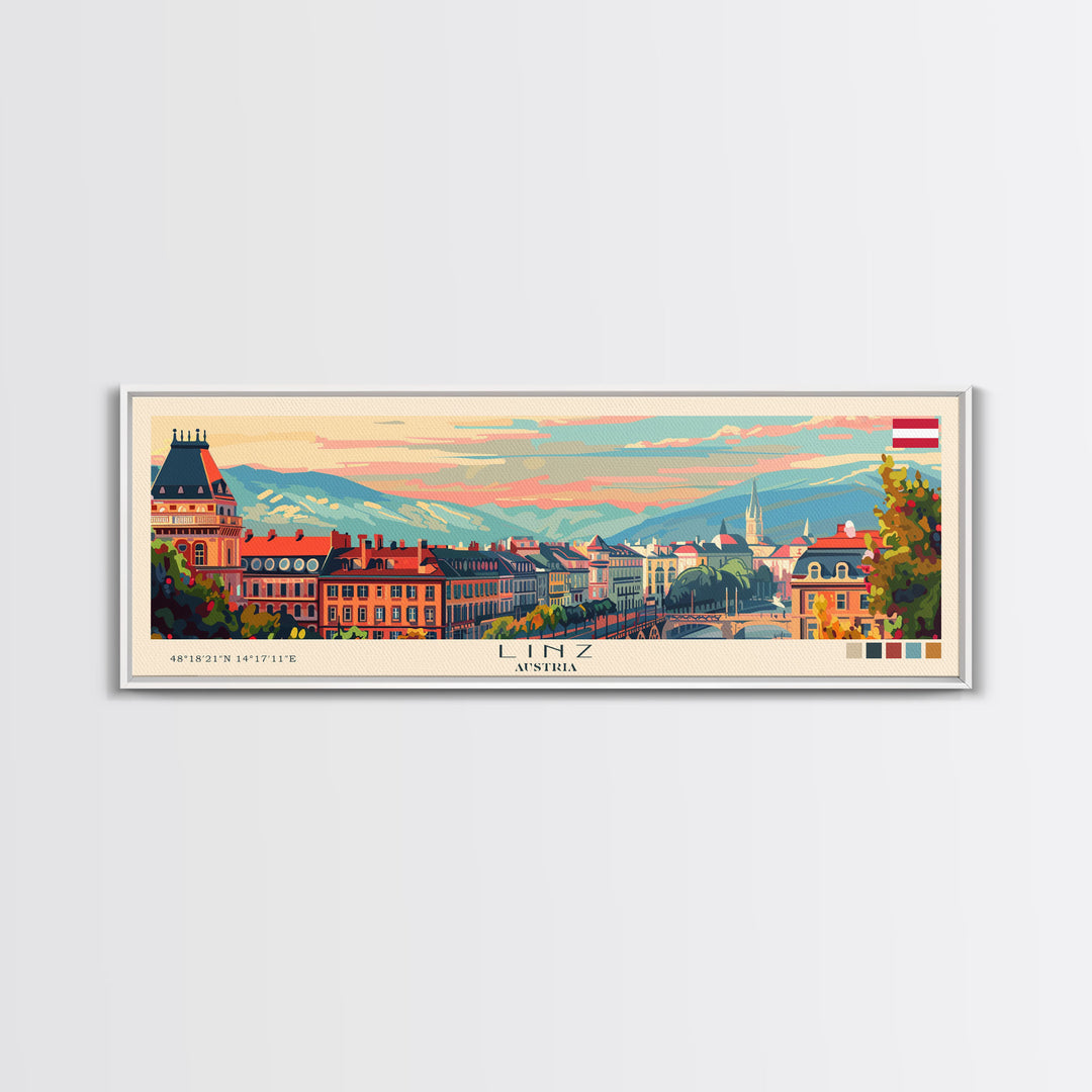 Linz Austria Panoramic Travel Poster, Framed Canvas Print or Metal Wall Art, Travel Art, Home Decor, Panoramic Painting, Midcentury Art