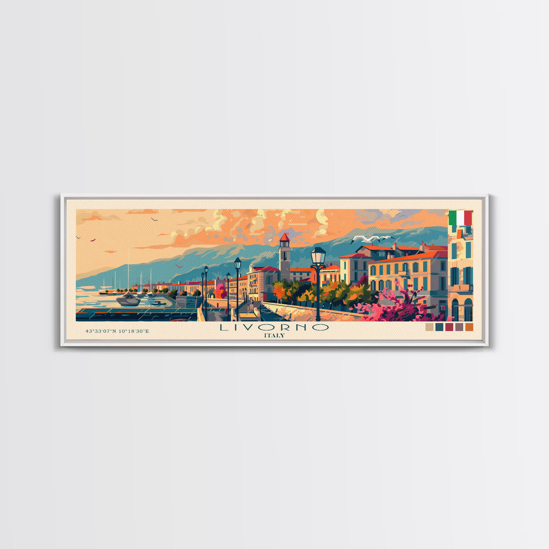 Livorno Italy Panoramic Travel Poster, Framed Canvas Print or Metal Wall Art, Travel Art, Home Decor, Panoramic Painting, Midcentury Art