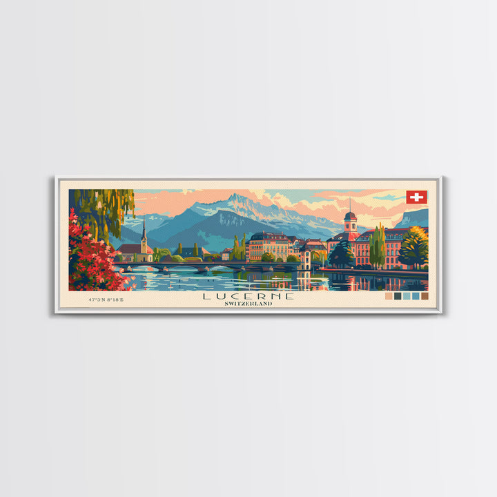 Lucerne Switzerland Travel Art, City Art, Framed Canvas Print or Metal Wall Art, Europe Travel Poster, Panoramic Wall Art, Extra Wide Wall Art