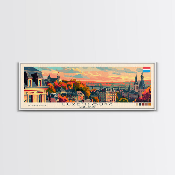 Luxembourg Luxembourg Panoramic Travel Poster, Framed Canvas Print or Metal Wall Art, Travel Art, Home Decor, Panoramic Painting, Midcentury Art