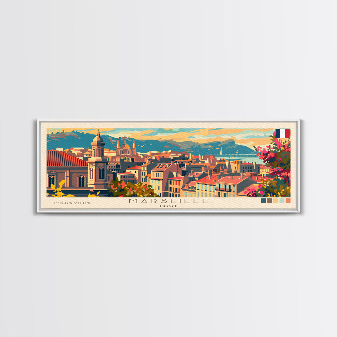 Marseille France Travel Print Wall Art, Panoramic City Art, Travel Art, Wall Decor, Vacation Gift, Framed Canvas Print Or Metal Art