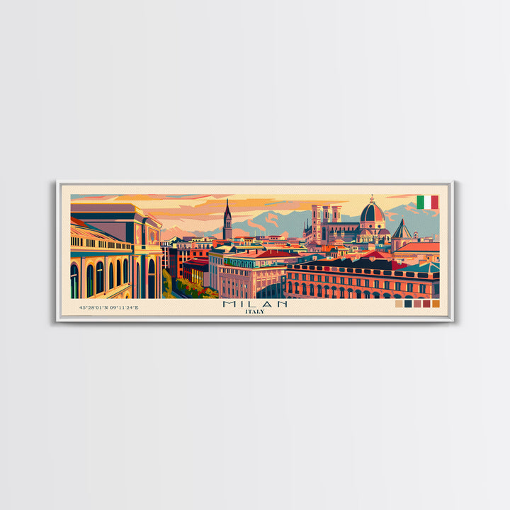 Milan Italy Panoramic Travel Poster, Framed Canvas Print or Metal Wall Art, Travel Art, Home Decor, Panoramic Painting, Midcentury Art